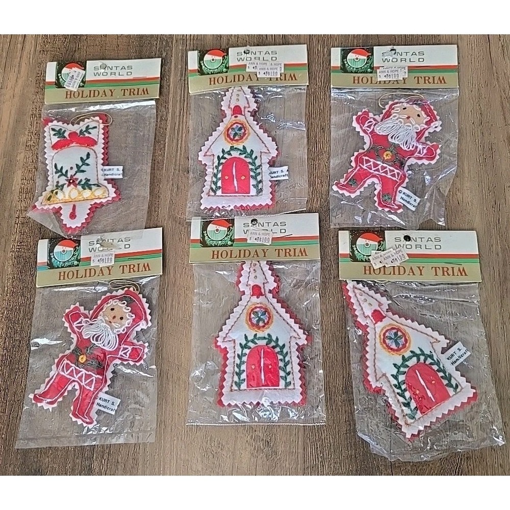 VTG Kurt S. Adler (Lot Of 6) Felt Embroidered Santa's World Tree Ornaments NIP